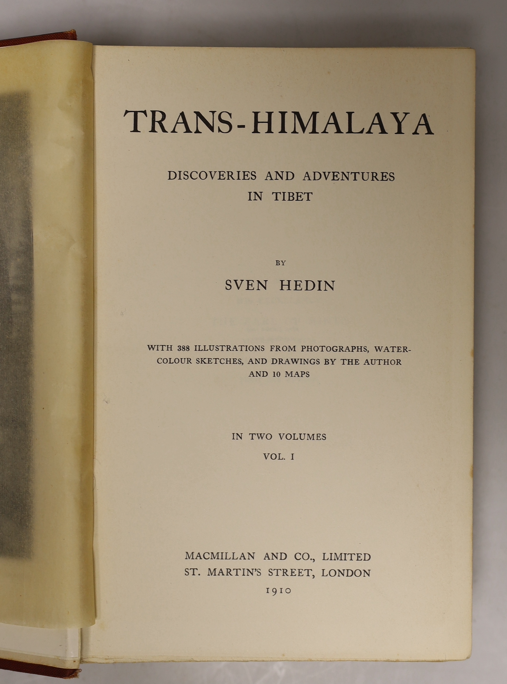 Hedin, Sven - Trans-Himalaya: discoveries and adventures in Tibet. 3 vols. 2 portraits, 295 plates (8 coloured, 3 folded) and 13 maps (some coloured and folded); publisher's gilt pictorial cloth, gilt tops, roy.8vo. 1910